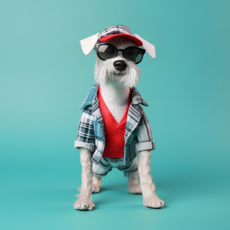 Funny dog in a cap and sunglasses on a blue background.の素材