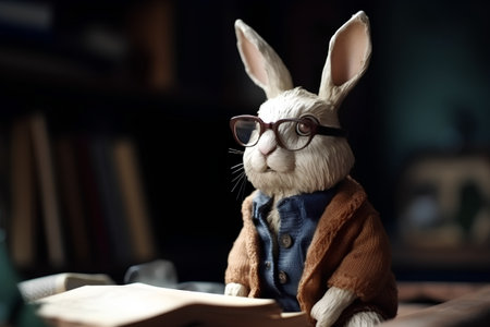 Easter bunny with glasses and old books in the background, shallow depth of fieldの素材
