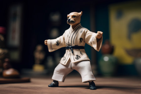 Takayama doll on wooden background. Japanese martial art.の素材