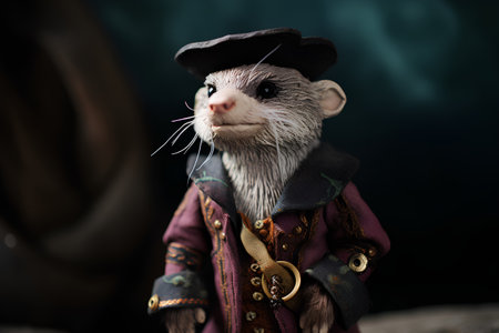 Portrait of a cute little rat in a pirate costume on a dark backgroundの素材