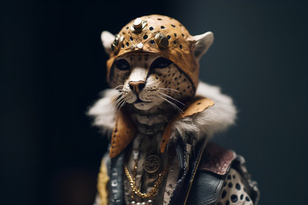 Vintage toy leopard in a leather jacket. Selective focus.の素材