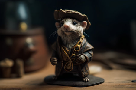 Cute little rat in a pirate costume on a wooden background.の素材
