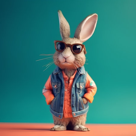 Rabbit in jeans jacket and sunglasses on blue background, studio shotの素材