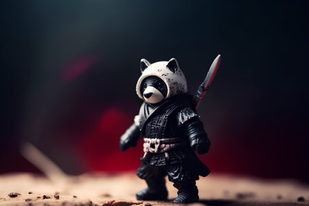 Samurai toy with a sword in his hand on a dark backgroundの素材