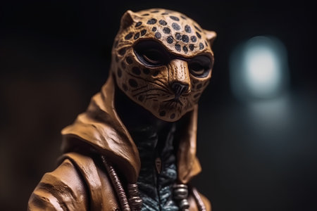 Statue of a leopard in a leather jacket on a dark backgroundの素材
