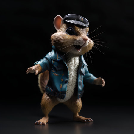 Cute little rat in aviator hat and leather jacket on black backgroundの素材