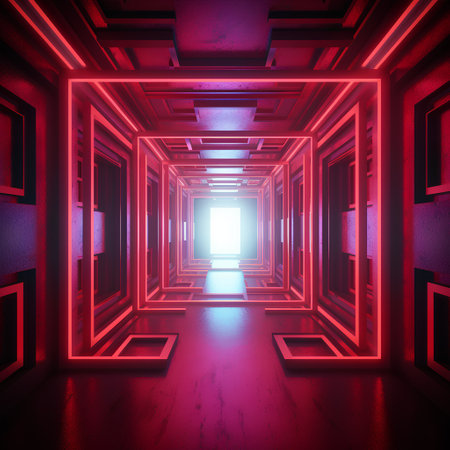 Futuristic corridor with glowing lights, 3d render abstract backgroundの素材