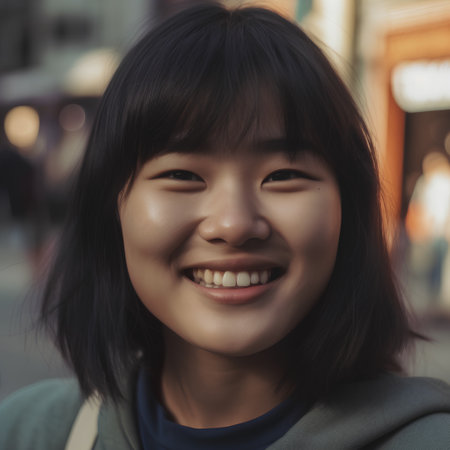 Portrait of a beautiful young asian woman smiling in the cityの素材