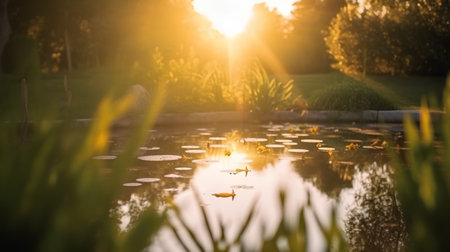 Beautiful sunset in the park with water lilies and sun raysの素材