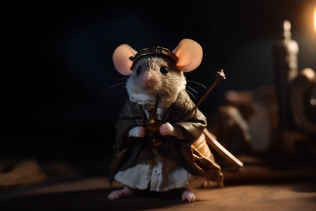 Cute little rat in a medieval costume on a dark background.の素材