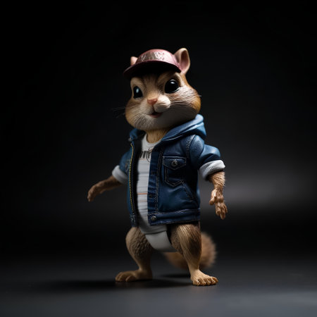 Funny hamster in a cap and jacket on a black backgroundの素材