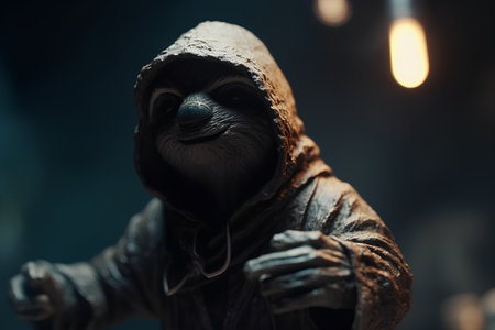 Portrait of a man in a gas mask and hooded jacketの素材