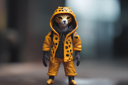 Lego minifigure in a raincoat with leopard print. Studio shot.の素材