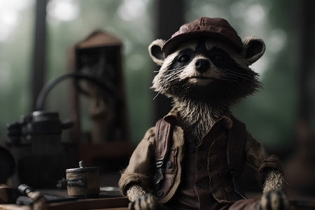 raccoon sitting in a hat and leather jacket on a wooden tableの素材