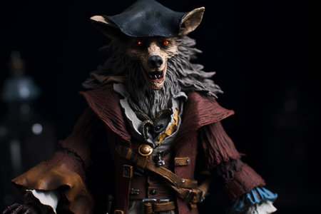 Portrait of an old pirate gnome in a hat on a dark backgroundの素材