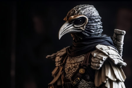 Close up of a medieval knight in armor and helmet on dark backgroundの素材