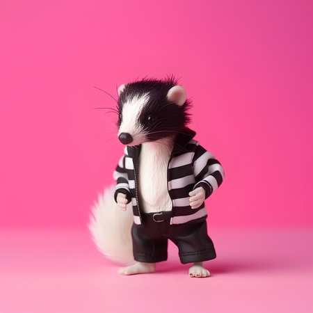 Cute black and white hamster in a striped jacket on a pink backgroundの素材