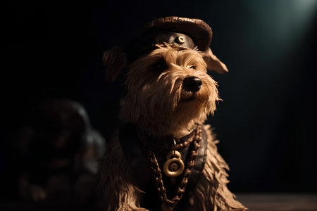Yorkshire Terrier in a hat and leather jacket on a dark backgroundの素材