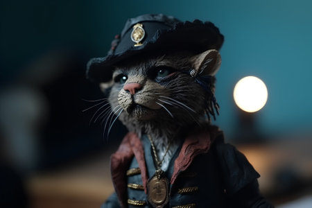 Portrait of a cat in a pirate costume on a dark backgroundの素材