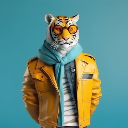 Tiger wearing a leather jacket and a scarf. Studio shot.の素材