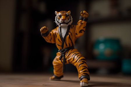 Tiger figurine on a wooden floor. Selective focus.の素材
