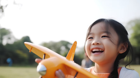 Cute asian little girl playing with toy airplane in the parkの素材