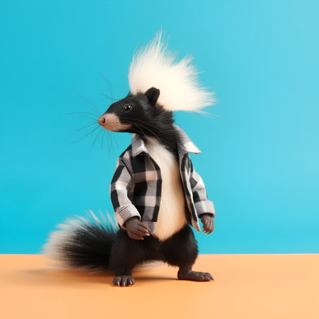 funny black and white skunk in checkered shirt on blue backgroundの素材