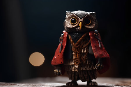 Owl in a red jacket and a hat on a dark backgroundの素材