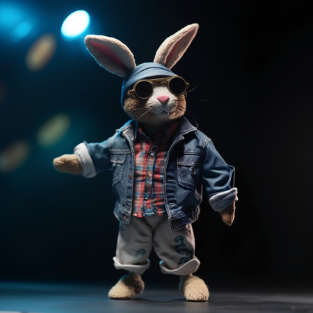 Funny bunny dressed in jeans jacket and sunglasses on a black backgroundの素材