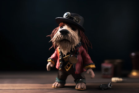 image of dog in pirate costume on dark background close-up.の素材