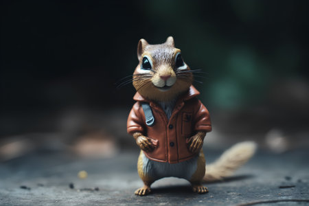 Squirrel in a red jacket with a backpack on his back.の素材