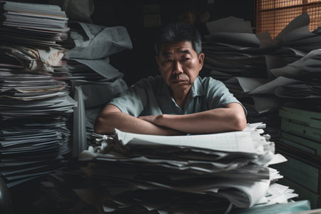 Busy and stressed asian man working in the office with piles of paperworkの素材