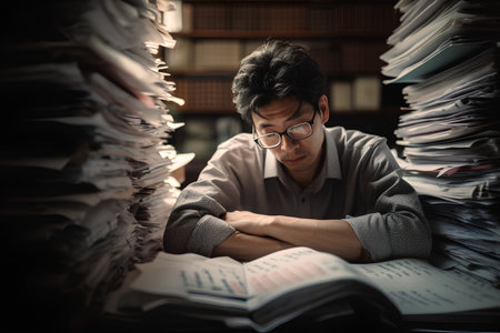 Stressed and stressed Asian man working in the library with piles of paperwork.の素材