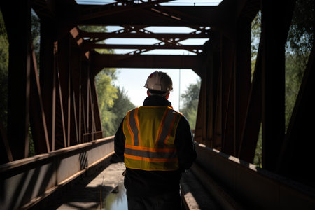Rear view of a male construction worker standing on a metal bridgeの素材