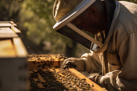 Beekeeper working on a honeycomb frame in apiary. Beekeeper is taking out honey from hive.の素材