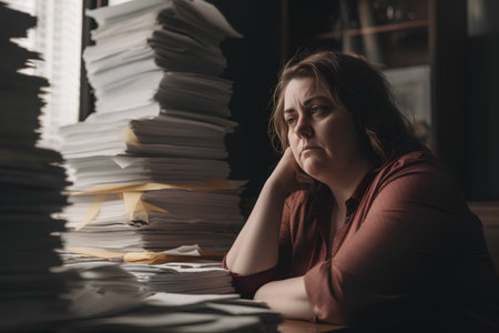 Tired and stressed businesswoman sitting at desk with piles of papers in officeの素材