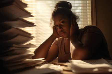 Young african american woman sitting at the table with piles of booksの素材
