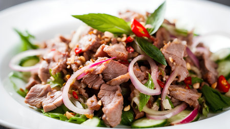 Thai spicy salad with pork, cucumber, onion and basilの素材