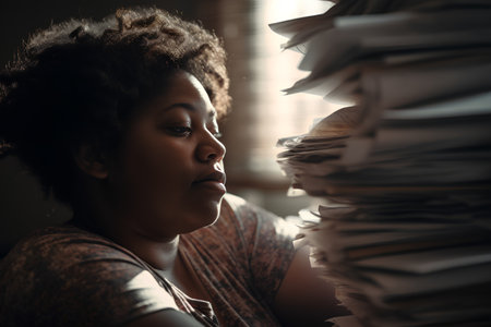 Tired african american businesswoman with piles of documents in officeの素材