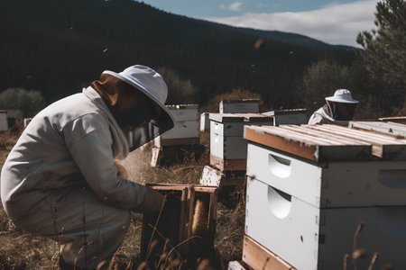 Beekeeper in the apiary. Beekeeper at work with bees.の素材