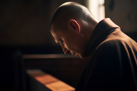 Young Christian man prays in the church. The concept of faith, spirituality and religion.の素材