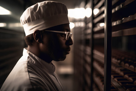 Side view of African-American male chef looking away while standing in bakeryの素材