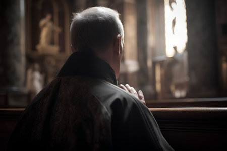 Rear view of a man prays in a Christian church.の素材
