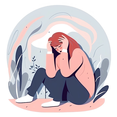 Depressed young woman sitting on the ground in the park. Vector illustration.の素材