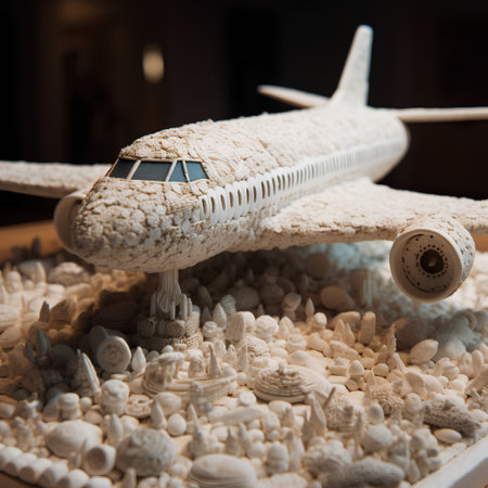 Miniature model of a passenger plane on the background of pebblesの素材