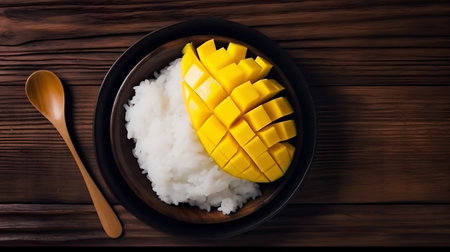 Ripe mango and sticky rice in black bowl on wooden background.の素材
