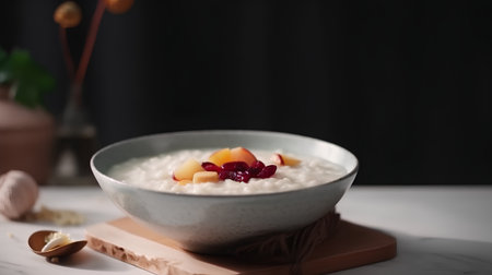 Oatmeal porridge with peach and cherries in a bowl on the tableの素材