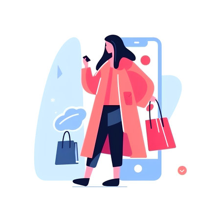 Online shopping concept. Young woman in coat using mobile phone. Vector illustrationの素材