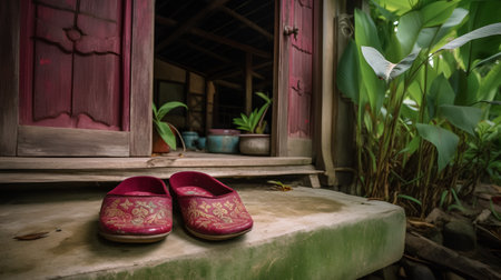 Pair of red shoes on the wooden floor in the garden.の素材