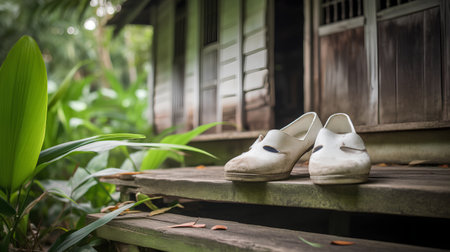 Wedding shoes on the wooden stairs in the garden, vintage toneの素材